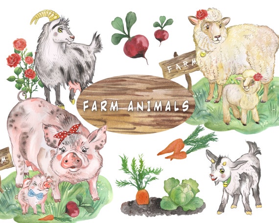 Farm Animals Watercolor Clipart Kids Farm Animals Pig Etsy Farm Animals Watercolor Clipart Kids Farm Animals Pig Etsy