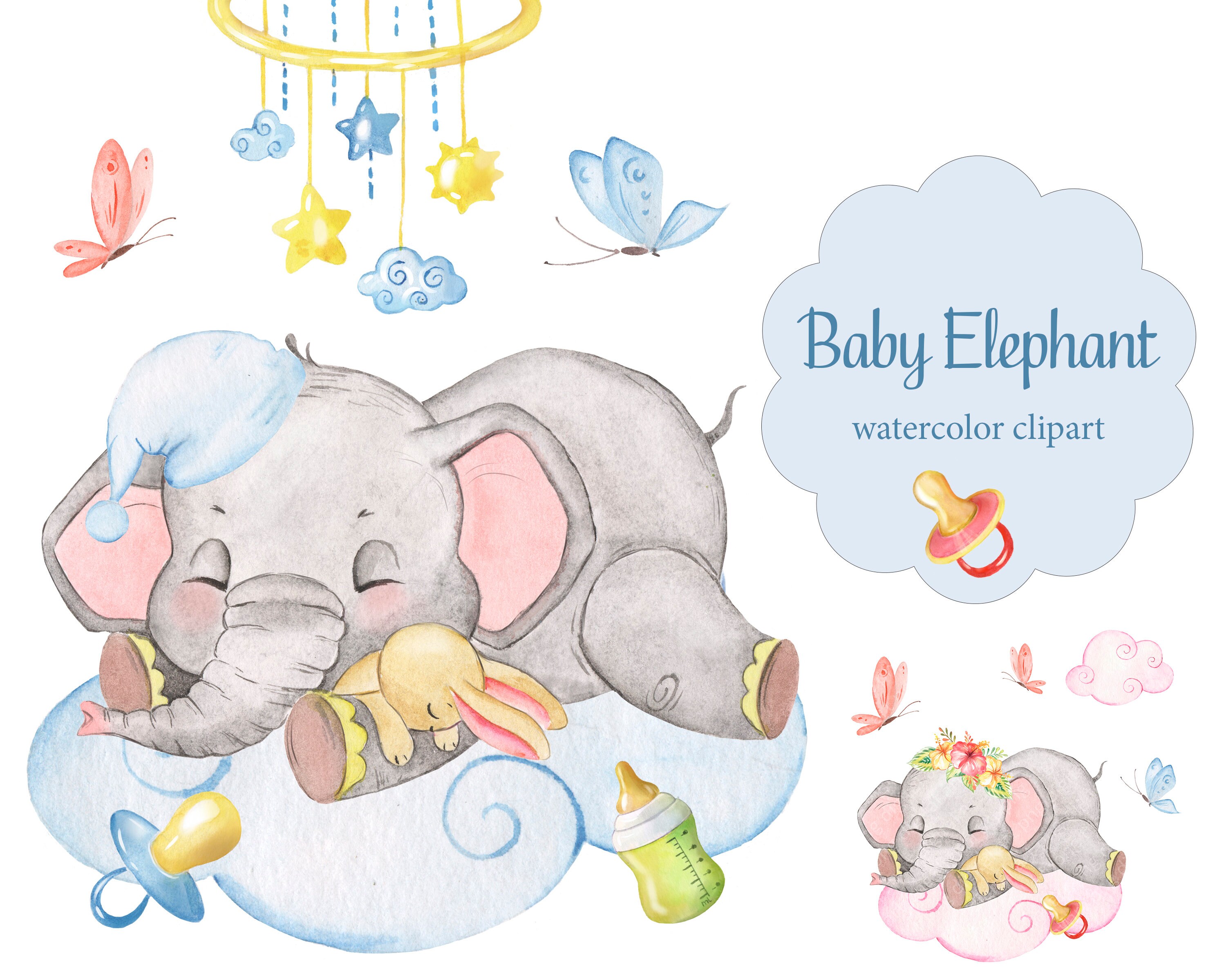 Elefant Aquarell Clipart Wolke Mond Baby Tier Baby Dekor