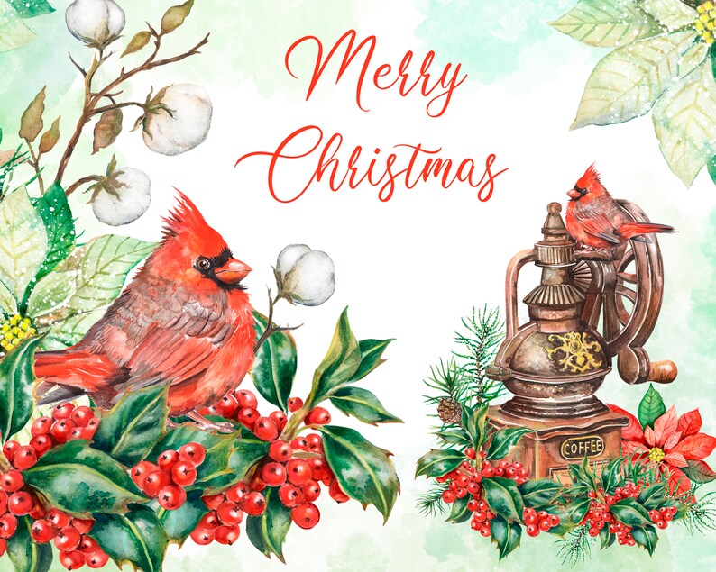 Aquarell Weihnachten Clipart. Wintervogel. Holly Beeren Holly | Etsy