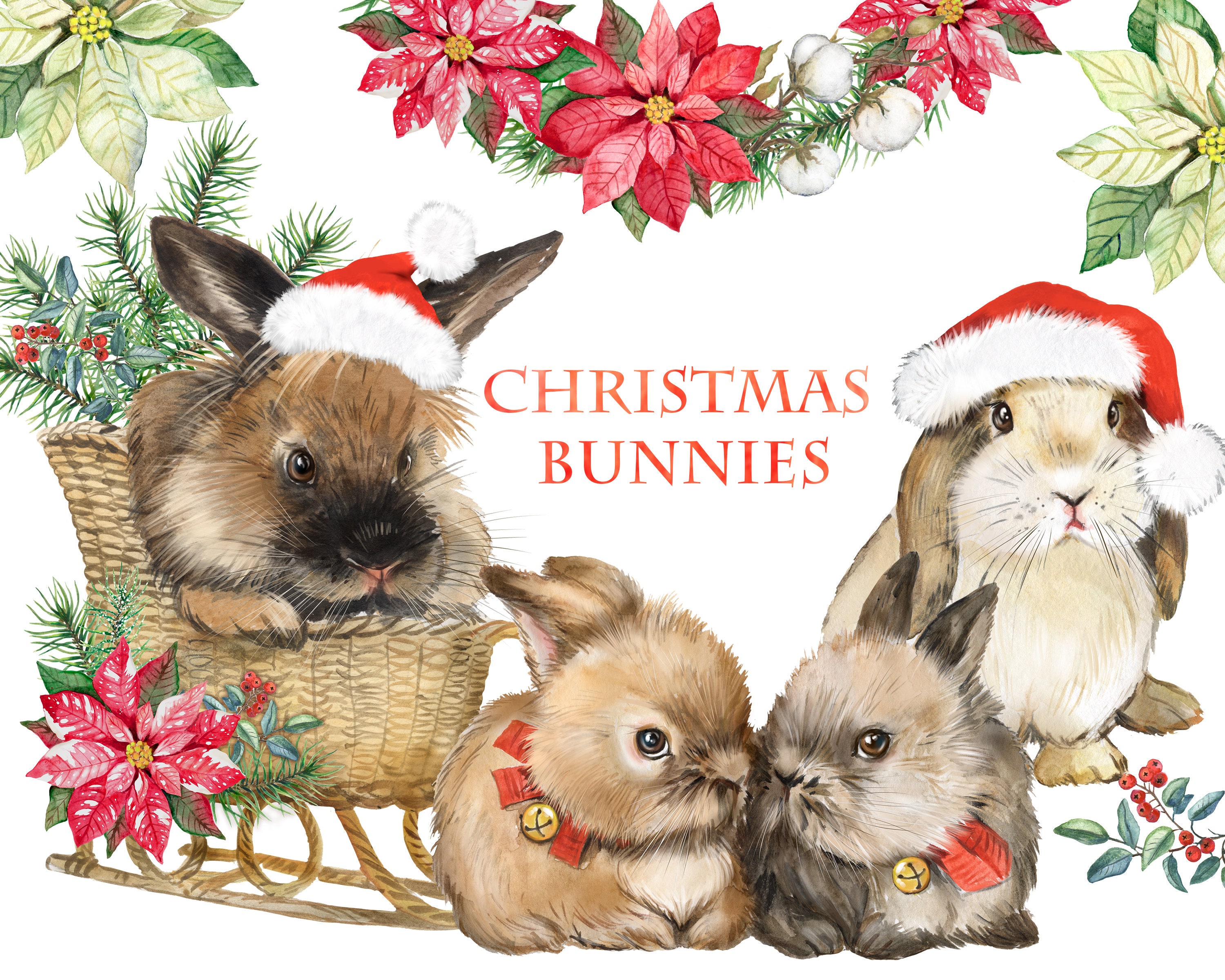 Weihnachten Kaninchen Aquarell Clipart. Weihnachtskarte Grüße Etsy