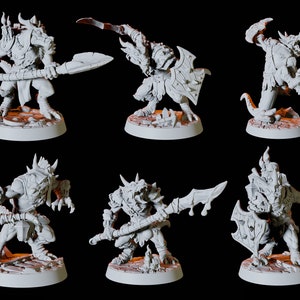 May include: Six miniature figurines of lizard-like creatures with horns and scales, each holding a different weapon, such as a spear, axe, or sword. The figurines are painted in a light gray color and are standing on circular bases.