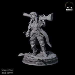 May include: A gray 3D printed miniature of a female figure holding a large gun. She is wearing a long coat, a vest, and pants. She is standing on a round base with a smaller gun on it. The miniature is 32 mm in scale and the base is 25 mm in diameter. The text "MYTH FORGED" is visible in the upper right corner of the image.