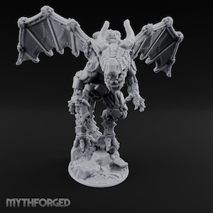 May include: A detailed, grey miniature of a mechanical dragon with articulated wings, horns, and a textured body. The dragon stands on a rocky base. The text "MYTHFORGED" is at the bottom.