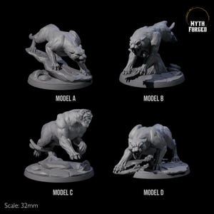May include: Four grey panther figurines in different poses, labelled Model A, B, C, and D. Each figurine is on a base, with the scale at 32mm. The Myth Forged logo is in the upper right corner.
