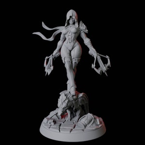 May include: A gray figurine of a hooded figure holding two crossbows. The figure is standing on a stone base with a wolf-like creature. The figurine has detailed armor and a flowing scarf.