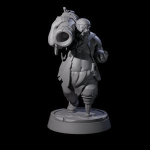 May include: A gray figurine of a pirate carrying a large barrel on his shoulder. The pirate has a beard, a hat, and a peg leg. He is standing on a round base. The barrel is secured with rope.