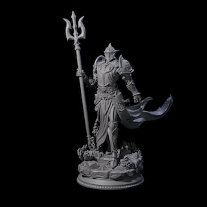 May include: A grey figurine of a warrior in armour, holding a trident. The warrior stands on a rocky base with coral-like details. The figure has a helmet and a flowing cape, with intricate armour details.