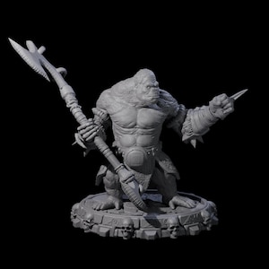 May include: A gray gorilla figurine holding a spear and a knife, standing on a base decorated with skulls. The gorilla has a muscular build and wears a belt with a square buckle and fur armbands.