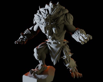May include: A gray, detailed miniature figurine of a beast with a lion-like head and a fierce expression. The figurine is posed in a dynamic stance, with one paw raised and the other planted firmly on a rocky base.