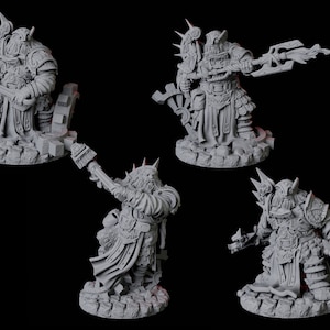 May include: Four gray 3D printed miniature figures of dwarves wearing armor and holding weapons. The dwarves are standing on circular bases with a gear design.