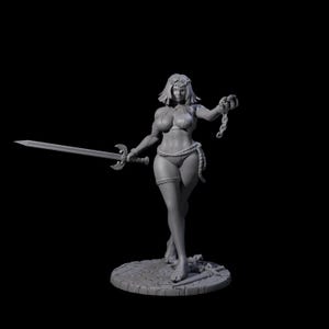 May include: A gray 3D-printed figurine of a woman in a bikini holding a sword and chain. The figurine is standing on a circular base. The woman has short hair and is posed in a dynamic stance.