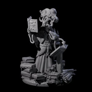 May include: A detailed grey figurine of a wizard reading a book, surrounded by stacks of books and scrolls. The wizard has a long beard, horns, and a cloud-like formation above his head. The figurine is set against a black background.
