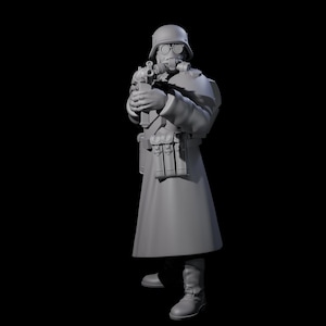May include: A gray 3D-rendered figure of a soldier in a helmet, gas mask, and long coat, holding a rifle. The figure has pouches and boots, and is set against a black background.