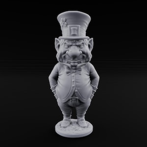 May include: A gray figurine of a leprechaun, wearing a top hat with a shamrock, a bow tie, and a vest. The leprechaun has his hands in his pockets and is standing on a round base. The figurine is detailed and has a smiling expression.