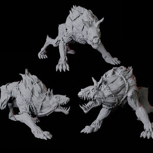 May include: Three gray, detailed, 3D printed miniature figures of wolf-like creatures with sharp teeth and claws. The figures are posed in different positions, with one standing on all fours, one crouching, and one running.