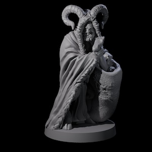 May include: A grey sculpture of a horned figure in a hooded robe, holding a child's foot. The figure has a beard and is carrying a sack with a face on it. The sculpture is on a round base.