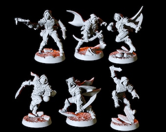 May include: Six gray plastic miniature figures of hooded figures in various poses, each standing on a round base with a textured surface. The figures are holding weapons such as a crossbow, a dagger, and a pistol.