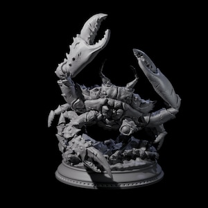 May include: A detailed, gray crab sculpture with large claws and a textured exoskeleton. The crab is posed with one claw raised and the other lowered, set on a round base. The sculpture has a dark background.