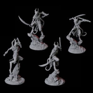 May include: Four grey painted miniature figurines of a humanoid creature with feline features, each holding a sword and standing on a rocky base.
