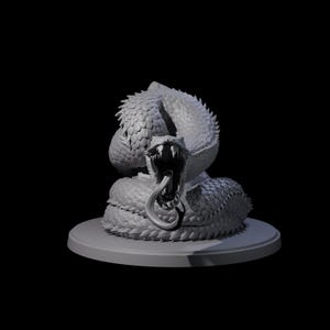 May include: A grey sculpture of a snake with its mouth open, showing sharp teeth and a long tongue. The snake is coiled on a round base, with textured scales and a threatening pose. The background is black.