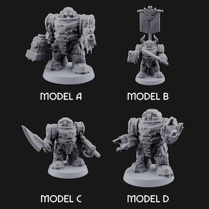 May include: Four gray miniature robot models, labeled A, B, C, and D. Model A has a large arm and a gun. Model B holds a banner and a gun. Model C has a large blade and a gun. Model D has two arms. All models are on a gray base.