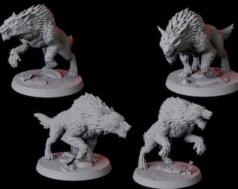 Vier Stalking Wolf-miniaturen voor D&D, Dungeons and Dragons, Pathfinder en vele andere tafelspellen