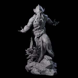 May include: A gray, three-dimensional sculpture of a humanoid creature with a cephalopod-like head, outstretched arms, and a flowing garment. The figure stands on a rocky base against a black background.