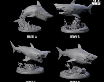 Four Toothy Giant Shark Miniatures for D&D, Dungeons and Dragons, Pathfinder and many other tabletop games
