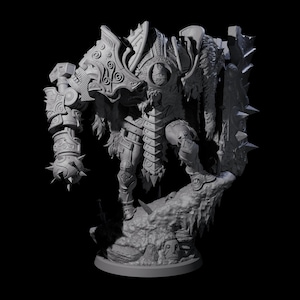 May include: A detailed, gray miniature figure of a warrior in ornate armor, wielding a spiked mace. The figure stands on a rocky base with skull details, showcasing intricate design and texture, perfect for tabletop gaming or display.