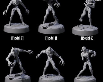 Puede incluir: Colección de seis miniaturas de monstruos grises, cada una sobre una base redonda. Las figuras tienen forma humanoide con garras afiladas y piel texturizada. Los modelos están etiquetados de la A a la F. El logotipo de Myth Forged está en la esquina superior derecha.