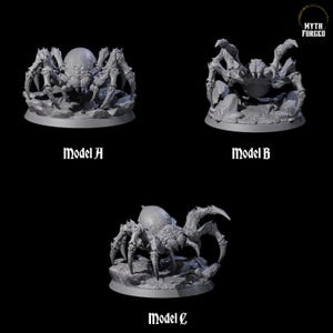May include: Three gray spider models labeled A, B, and C. Each model has a large, rounded body and multiple legs with sharp claws. The models are on a rocky base, and the Myth Forged logo is in the upper right corner.