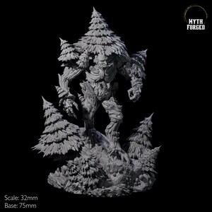 May include: A gray, 3D printed miniature of a tree creature with a humanoid form. The creature is standing on a rocky base with smaller trees surrounding it. The miniature is 32mm in scale and 75mm in base size. The text "MYTH FORGED" is visible in the upper right corner of the image.
