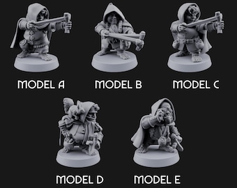 May include: Five gray miniature dwarf figurines, each with a unique pose and design. The figurines are labeled Model A through E. Some are hooded and holding slingshots, while others have different accessories.
