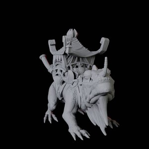 May include: A detailed, grey 3D-printed fantasy creature with a large head, horn, and a carriage on its back. The creature has clawed feet and a long, textured body. The carriage features intricate architectural details.