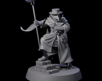 May include: A gray figurine of a plague doctor, wearing a long coat, hat, and beak-like mask. The figure is holding a staff with a winged emblem and standing on a small set of steps. The base is round.