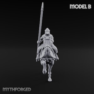 May include: A detailed, monochrome miniature of a mounted knight holding a spear. The knight is clad in armor and sits atop a horse with ornate tack. The text "MODEL B" is visible in the upper right corner, and "MYTHFORGED" is at the bottom.