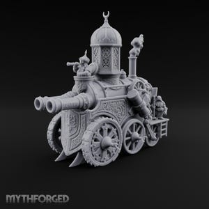 May include: A grey resin miniature of a fantasy locomotive featuring two large front cannons, intricate filigree patterns on the chassis, a domed tower with a crescent moon topper, a smokestack, and two small figures positioned on the engine.