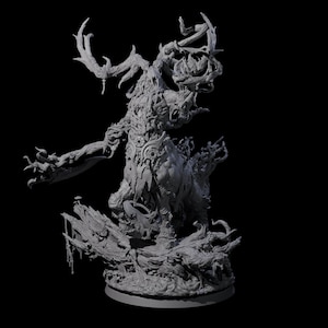 May include: A detailed grey sculpture of a fantastical creature with a tree-like body, antlers, and intricate details. The figure stands on a base with a textured, organic appearance, suggesting a forest or natural setting. The overall design is highly detailed.