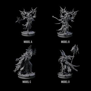 May include: Four detailed grey miniature figures, labelled Model A, B, C, and D, are displayed against a black background. Each figure has an intricate design, with a focus on fantasy or mythical themes. The text "MODEL" is visible below each figure.