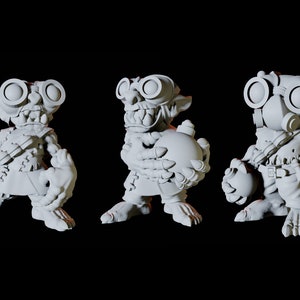 May include: Three gray, cartoonish figures of goblins wearing goggles and holding bombs. The goblins are in various poses, with one holding the bomb in front of them, one holding the bomb to the side, and one holding the bomb behind them.