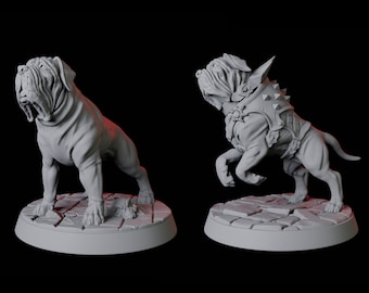 May include: Two gray painted miniature figurines of a bulldog, one standing and one in a fighting pose. The bulldog in the fighting pose is wearing a spiky armor.