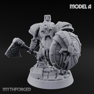 May include: A gray miniature figurine of a dwarf warrior, holding an axe and shield. The figurine is labeled "MODEL A" and "MYTHFORGED". The dwarf is armored and stands on a stone base.