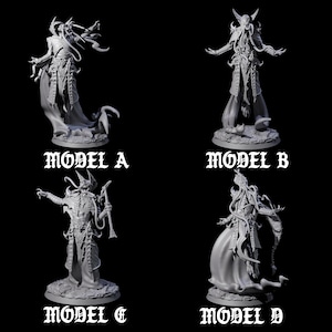 May include: Four detailed, gray-toned miniature figurines of a fantasy character, each in a different pose. The figures are labeled Model A, Model B, Model C, and Model D in a gothic font. The background is black.