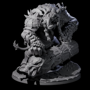 May include: A gray, detailed figurine of a monstrous creature with horns, armor, and chains. The figure is posed atop a log-like structure with spikes, and a serpent-like base. The creature has a fierce expression.