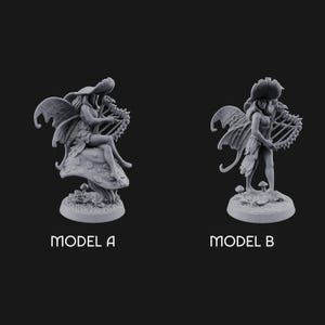May include: Two grey fairy figurines, Model A and Model B, are shown against a dark background. Model A depicts a fairy seated on a mushroom, playing a harp. Model B shows a standing fairy with a harp. The text "MODEL A" and "MODEL B" are below each figurine.