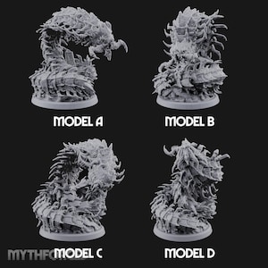 May include: Four grey unpainted resin miniature figures labelled Model A, Model B, Model C, and Model D. Each figure depicts a segmented, multi-legged creature with sharp, chitinous armour, curved mandibles, and a coiled body on a circular base.