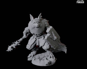 May include: A gray, 32mm scale miniature of a wolf-like creature holding a spiked club and a wooden shield. The creature is wearing chainmail armor and a fur cloak. The miniature is standing on a 25mm base.