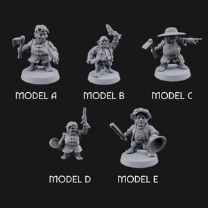 May include: Five gray miniature figurines of fantasy characters, each on a circular base. The figurines are labeled Model A through Model E. Each figure holds a different weapon or accessory, such as an axe, knife, or shield.