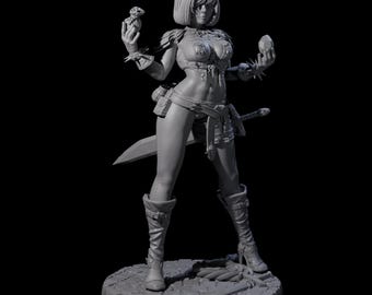May include: A grey figurine of a female warrior. She is holding a small object in her left hand and a rock in her right. She wears armour, boots, and a skirt, with a sword at her side. The figure stands on a circular base.