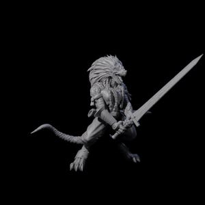 May include: A gray, detailed figurine of a humanoid dragon warrior, holding a large sword. The figure has a reptilian head with a feathered headdress, braided hair, and scaled legs. The warrior is in a dynamic pose, ready for battle.